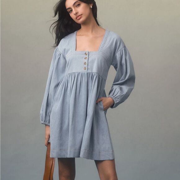 By Anthropologie Long-Sleeve Square-Neck
Denim Babydoll Mini Dress |Size: Medium - Picture 3 of 7